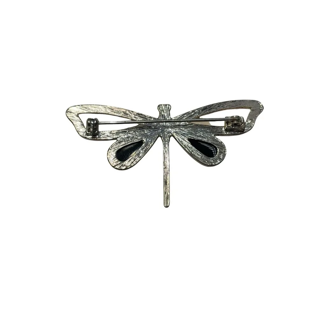 Vintage Silver Tone Rhinestone Glossy Yellow Black Dragonfly Insect Brooch Pin